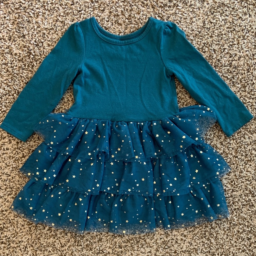 Teal Long Sleeve Dress with Starry Tulle Skirt